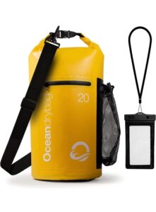yellow dry bag with black strap